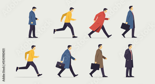 Eight Diverse Businessmen in Various Poses and Attire: Walking, Running, and Standing