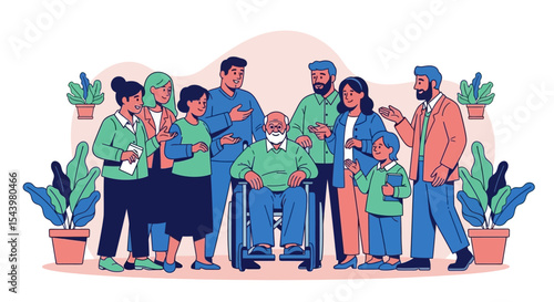 Elderly Man in Wheelchair Surrounded by Loving Family