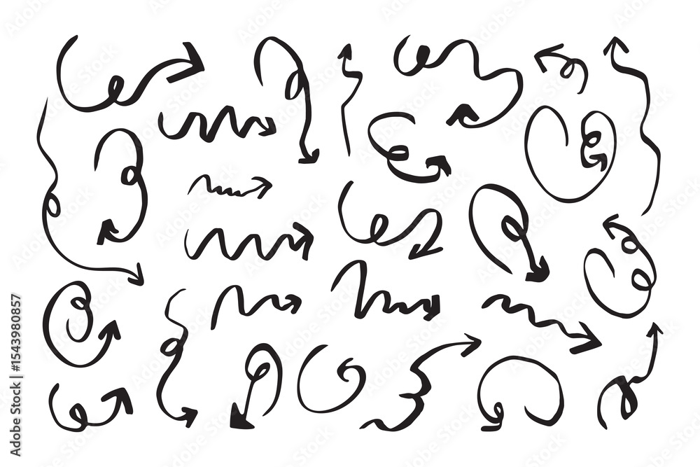 A collection of elegant arrows, hand-drawn in black marker, with curved lines and wavy pointers. Calligraphic zigzag arrows in vector for ornaments, infographics, gliders and school materials. A collection of elegant arrows, hand-drawn in black marker, with curved lines and wavy pointers. Calligraphic zigzag arrows in vector for ornaments, infographics, gliders and school materials.