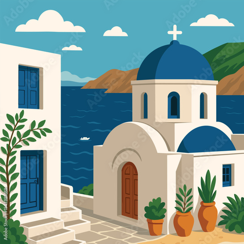 Flat vector illustration of a classic Greek island scene featuring whitewashed buildings, blue domes, terracotta pots, and a deep blue sea with mountains in the background