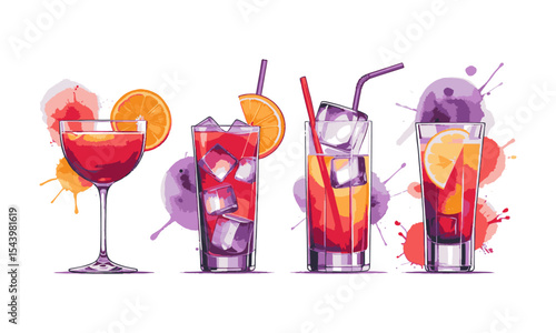 Modern vector illustration of artistic cocktail drinks glasses arranged in a single horizontal row, with ice cubes and orange garnish in different glass styles, easily editable.
