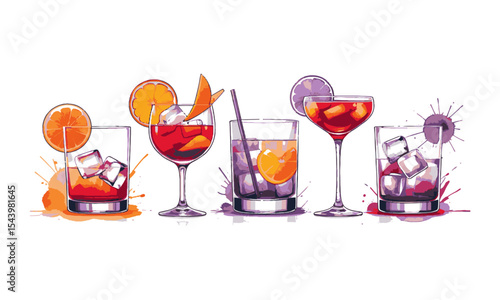 Modern vector illustration of artistic cocktail drinks glasses arranged in a single horizontal row, with ice cubes and orange garnish in different glass styles, easily editable.