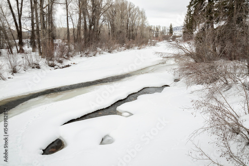 USA, Colorado, Routt County. Steamboat Springs, Elk River running through ran...