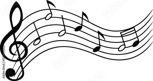 Musical notes treble clef staff flowing design isolated on white background