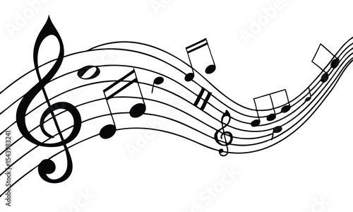 Musical notes treble clef staff wave design isolated on white background