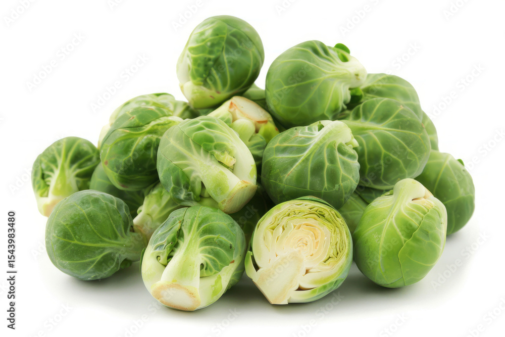 Obraz premium Fresh green Brussels sprouts piled on a white background.