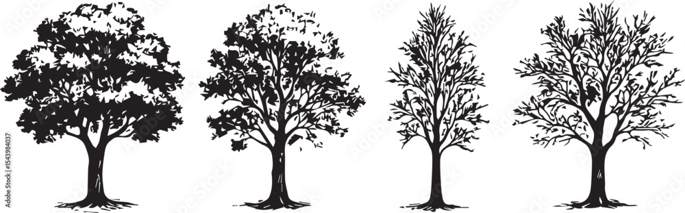 Fototapeta premium Tree silhouette vector collection, Black ink drawing