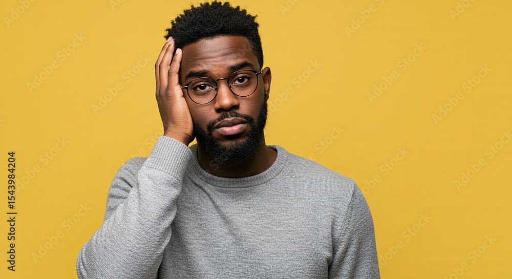 Obraz premium Portrait of a Thoughtful Young Man with Hand on Head Against Yellow Background