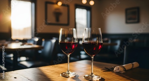 Two Red Wine Glasses on a Wooden Table in a Cozy Restaurant with Sunlight Generative AI