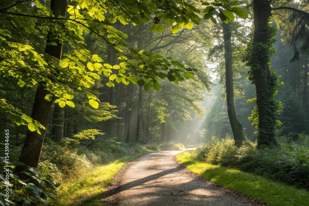 Obraz premium Sunlit Forest Path: A Serene Woodland Walk