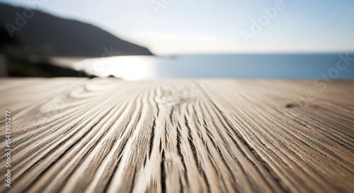 Close-up of Textured Wooden Surface with Blurry Coastal Landscape Background Generative AI