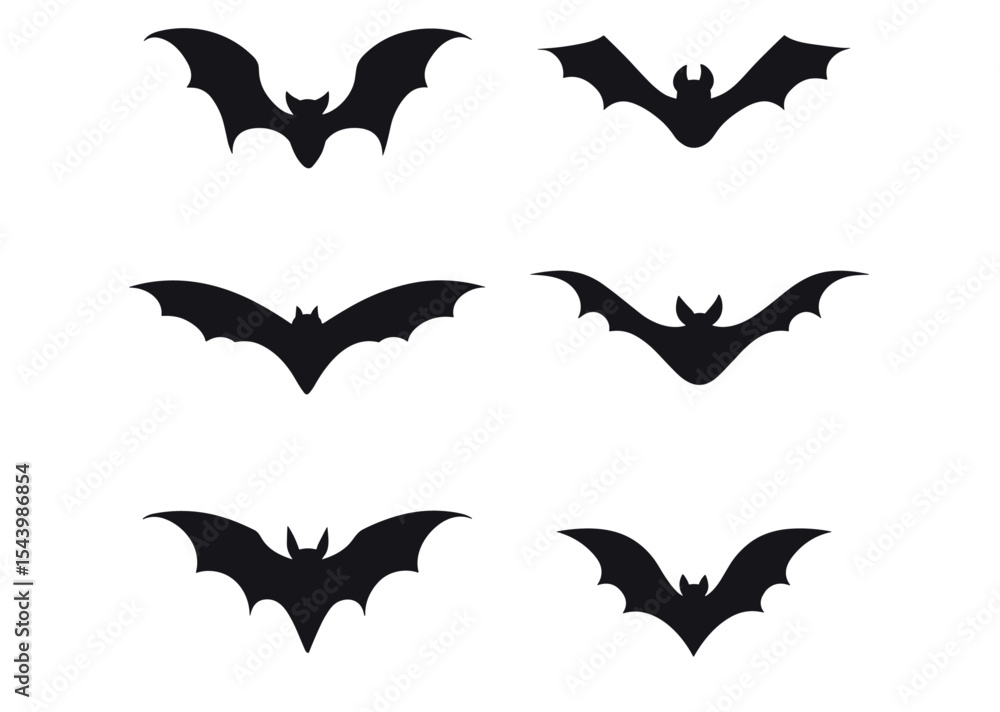 Naklejka premium Flying black bats, isolated silhouettes on white background, vector illustration, halloween creature, spooky symbol, vampire bat design, scary bat shapes, bat wings collection.