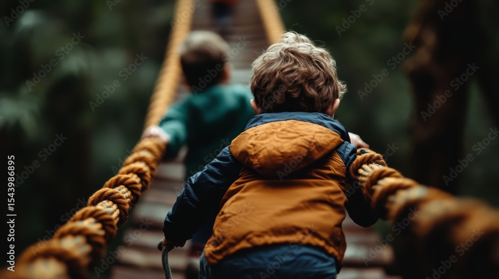 Obraz premium Two children are seen climbing a rope bridge deep within a lush forest, exuding a sense of adventure, exploration, and connection with nature during their playful journey.