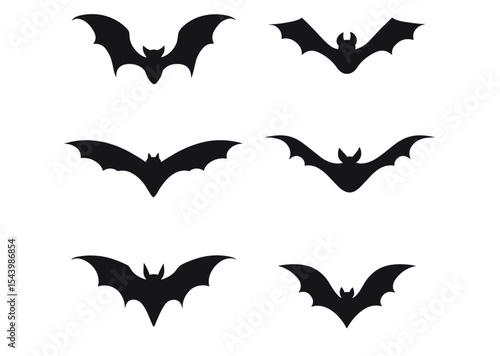 Flying black bats, isolated silhouettes on white background, vector illustration, halloween creature, spooky symbol, vampire bat design, scary bat shapes, bat wings collection.