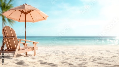 Wallpaper Mural A serene beach scene featuring a wooden chair beneath a sunshade, inviting relaxation and tranquility, embodying the essence of a perfect summer getaway by the ocean. Torontodigital.ca