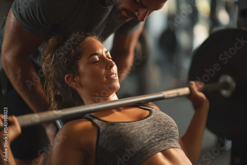Personal trainer assisting woman with bench press
