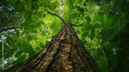 Fototapeta Naklejka Na Ścianę i Meble -  Lush forest canopy, towering tree trunk (2)