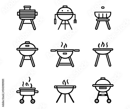 BBQ grill vector icon set, isolated on white background. Vector illustration of picnic equipment, grilled meat, steak, food preparation, kitchen utensil, barbecue tools, flat style.