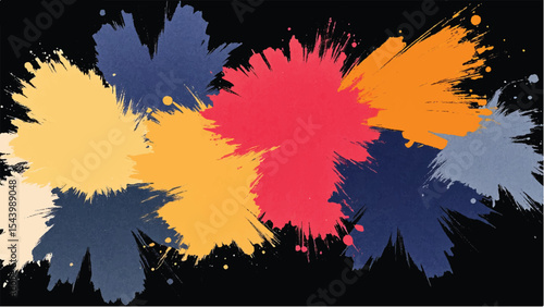 Abstract Colorful Paint Splatters in Multiple Shades on Black Background. Colorful Paint Splash Illustration.