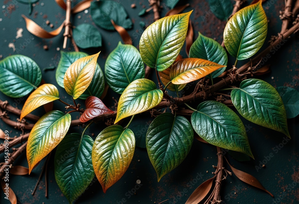 Naklejka premium Vibrant green and yellow leaves arranged on a dark background with scattered brown foliage