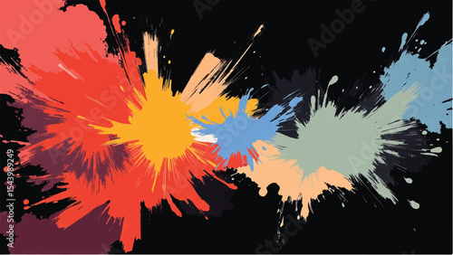 Abstract Colorful Paint Splatters in Multiple Shades on Black Background. Colorful Paint Splash Illustration.