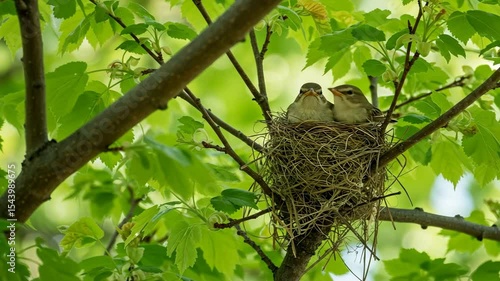 Two baby birds resting in a nest among green tree leaves  