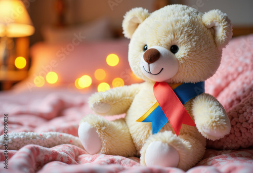 Wallpaper Mural Cute teddy bear with a red and blue ribbon sitting on a cozy bed with warm lighting Torontodigital.ca