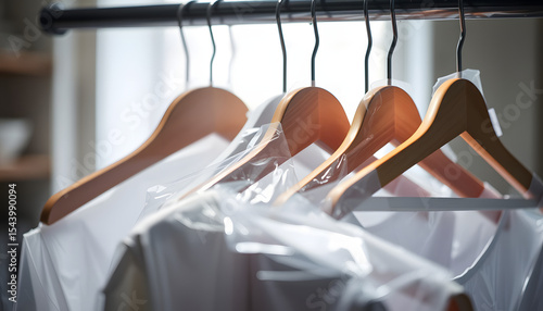 Shirts encased in clear plastic dry cleaning covers hanging neatly on a rack with a soft illuminated backdrop, blurry foreground. isolated with white highlights