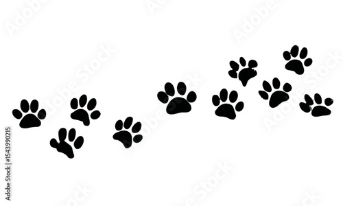 Footprint of dog, cat paw silhouette, pet trail icon, black animal track, isolated footmark cutout, walking symbol vector illustration, wild animal print art, paw shape path.