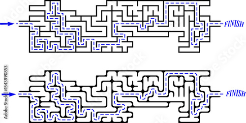 Set of 2 identical long labyrinths with start and finish. Maze of easy level of difficulty with solution. Nice brainstorm puzzle for kids and family.