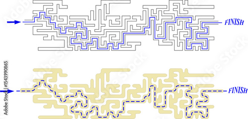Set of 2 identical long labyrinths with start and finish. Maze of easy level of difficulty with solution. Nice brainstorm puzzle for kids and family.