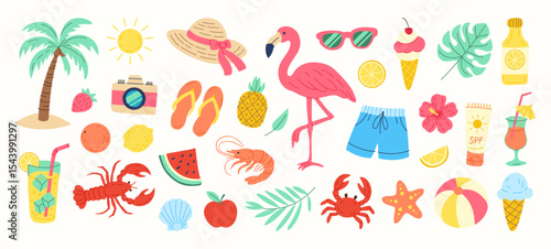 A colorful collection of beach and summer themed items including a flamingo, sunglasses, a camera, a hat, a cup, a crab, a shrimp, a watermelon, a pineapple, a lemon, a cup of ice cream