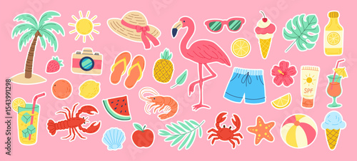 A colorful collection of stickers featuring various beach and summer items such as sunglasses, hats, and drinks