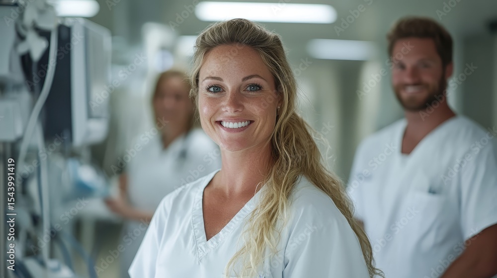 Fototapeta premium A smiling female healthcare professional stands confidently in a hospital setting, embodying dedication and care while assisting patients in need of medical services.