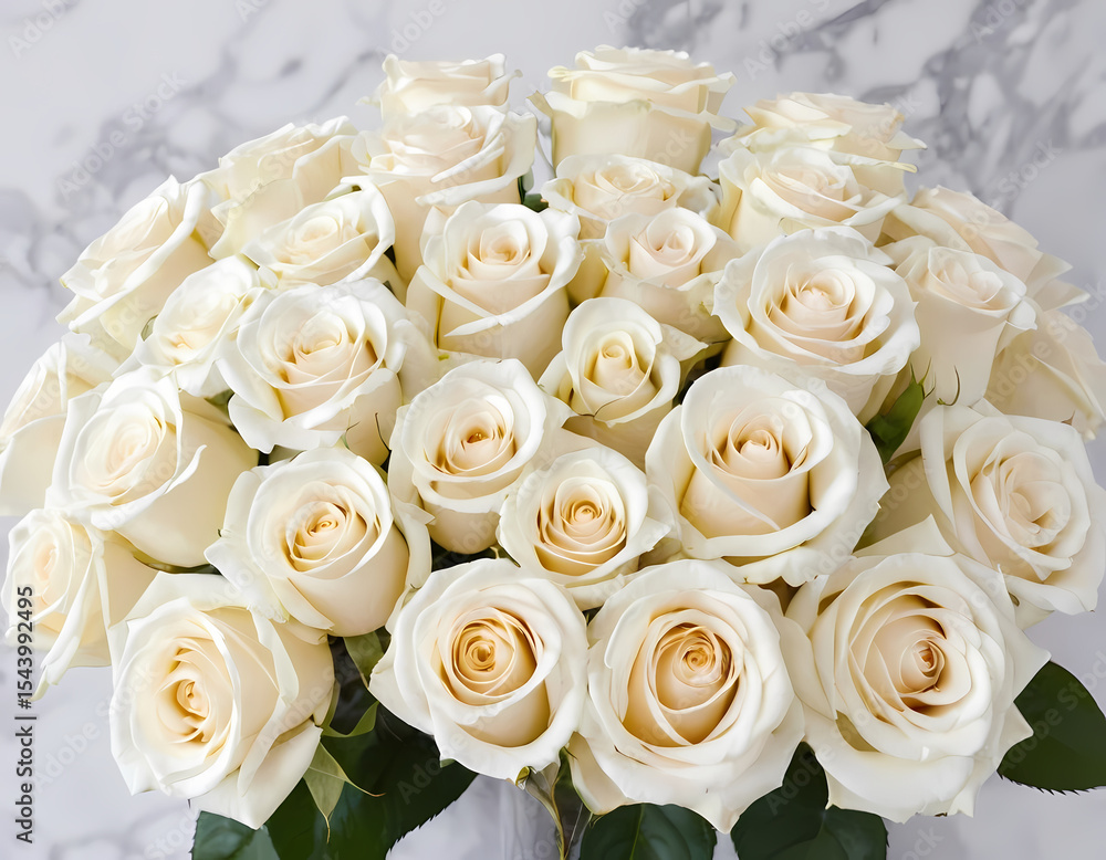Obraz premium Beautiful white flowers, roses, over marble background. Bouquet of flowers at cemetery , funeral concept., bouquet of white roses