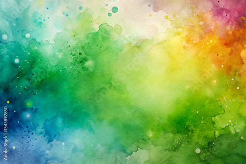 A vibrant abstract watercolor background showcasing a rich blend of blue, green, yellow, and orange hues with artistic splashes and subtle texture, ideal for creative and lively designs.