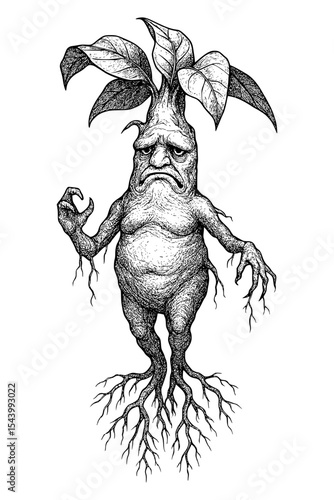 Grumpy Mandrake Root Creature Black Ink Drawing