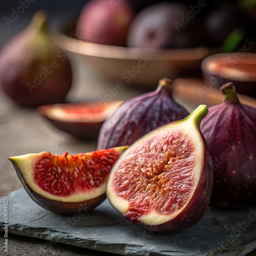 Higos frescos abiertos sobre superficie de pizarra con cuenco difuminado al fondo