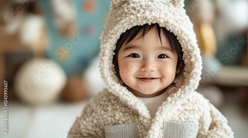 An adorable baby dressed in a soft bear hoodie smiles with pure joy, capturing the essence of innocence and warmth in a cozy, playful environment.