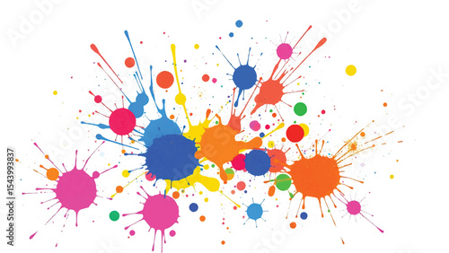 A vibrant, abstract, colorful splatter background with a white background. Multicolor splatter design. Colorful Paint Splashes. 
