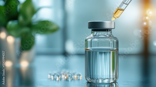 A close-up view of a dropper releasing serum into a clear glass vial, highlighting the precision and scientific approach in a laboratory or medical setting.