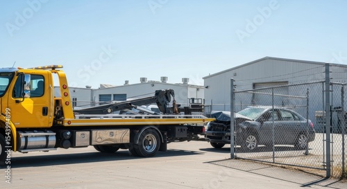Yellow tow truck with a damaged salvage car behind a metal fence under a clear sky for accident and repair concept.