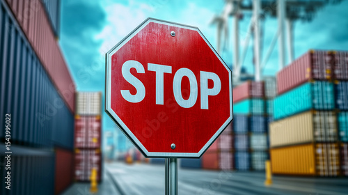 Red stop sign at industrial shipping port with containers