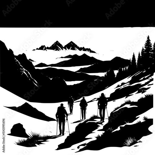 Silhouette of mountain trail with backpackers and distant village, adventure scenery”