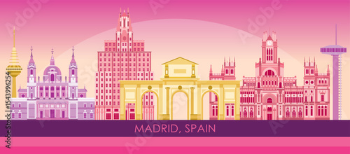 Sunset Skyline panorama of city of Madrid, Spain - vector illustration