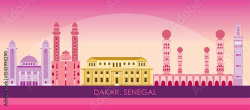 Sunset Skyline panorama of city of Dakar, Senegal - vector illustration