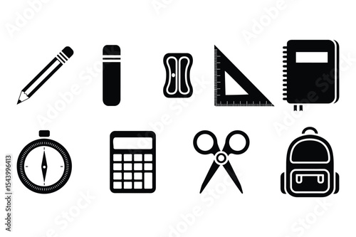 Collection of school and office supplies in black silhouette