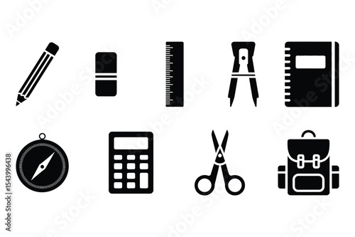 Collection of school and office supplies in black silhouette