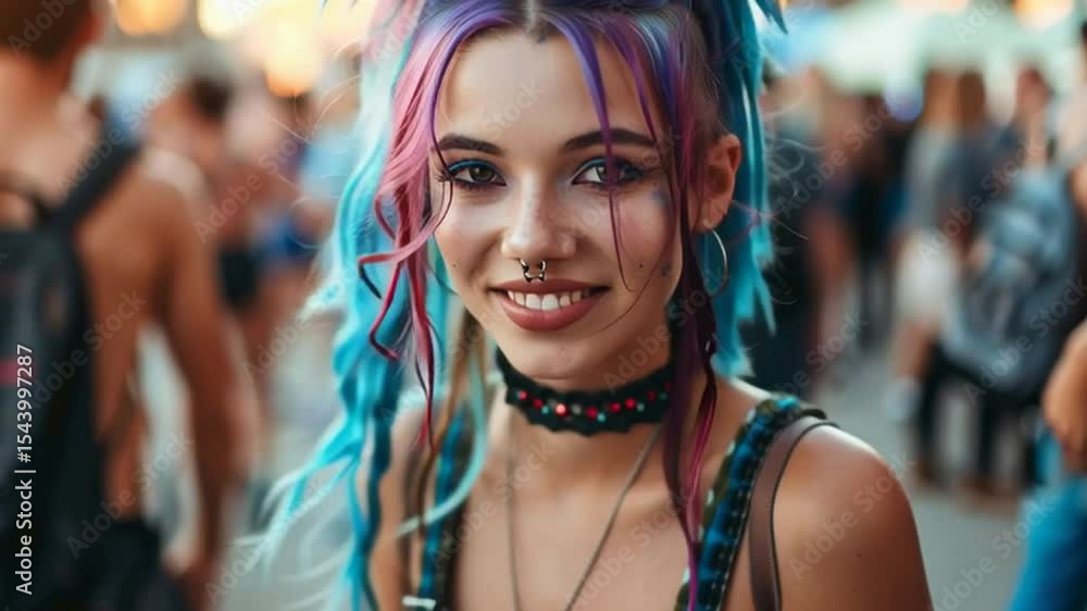 Blue and Green Haired Alt Girl Vibing at a Festival Blue and Green Haired Alt Girl Vibing at a Festival