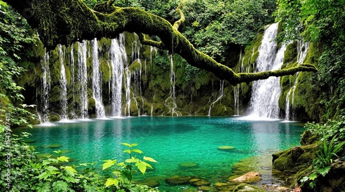 Lush waterfall cascading into a tranquil pool, nestled within a dense, mossy forest